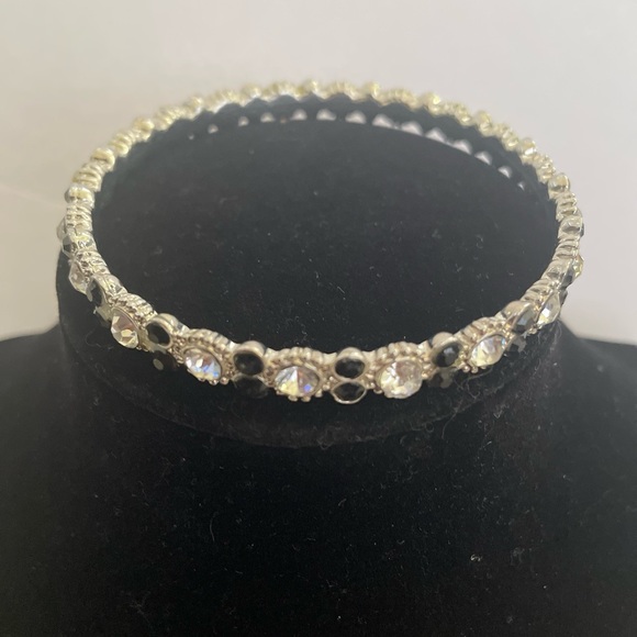 Silvertone Crystal and Black Gem Bangle Bracelet - Picture 2 of 4